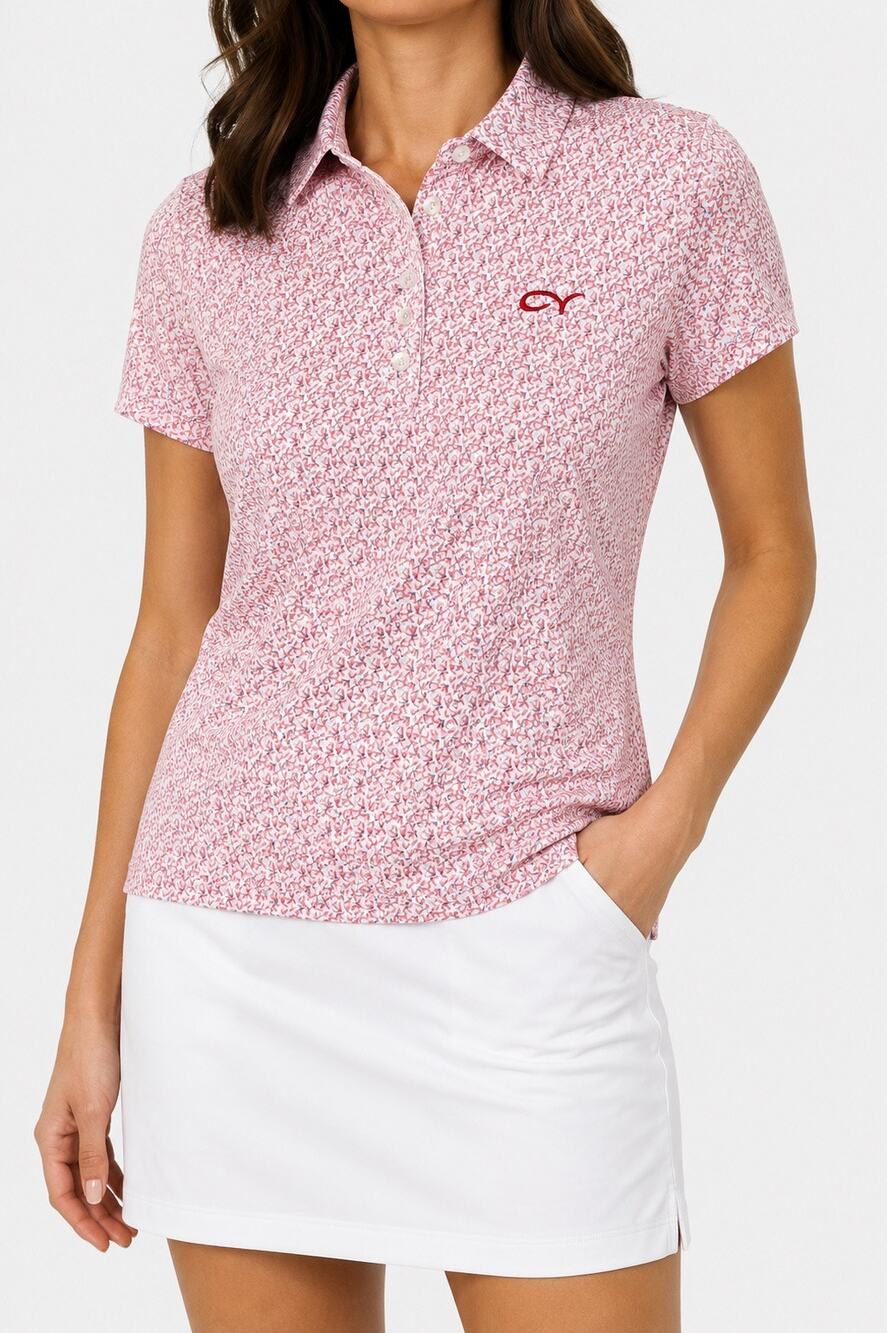 Straight Down Woen's Performance Golf Button-Up Polo Shirt Micro Print M Preppy